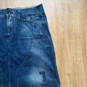 Y2K Vintage G-Star Raw Denim Midi Skirt with Number and Panel Details